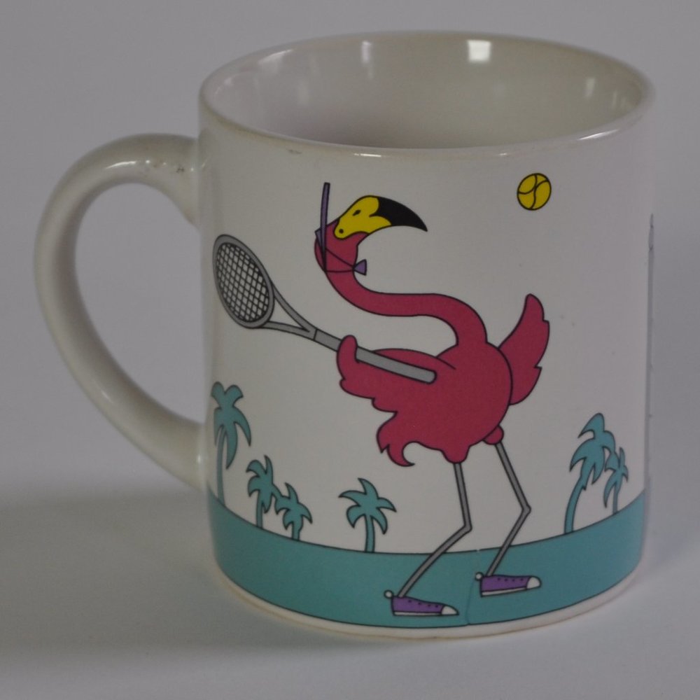 VTG flamingos on the tennis court coffee mug
